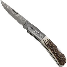 Damascus Steel Pocket Knife Staghorn