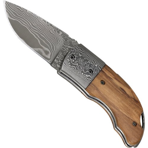 Damascus Pocket Knife Olive Wood